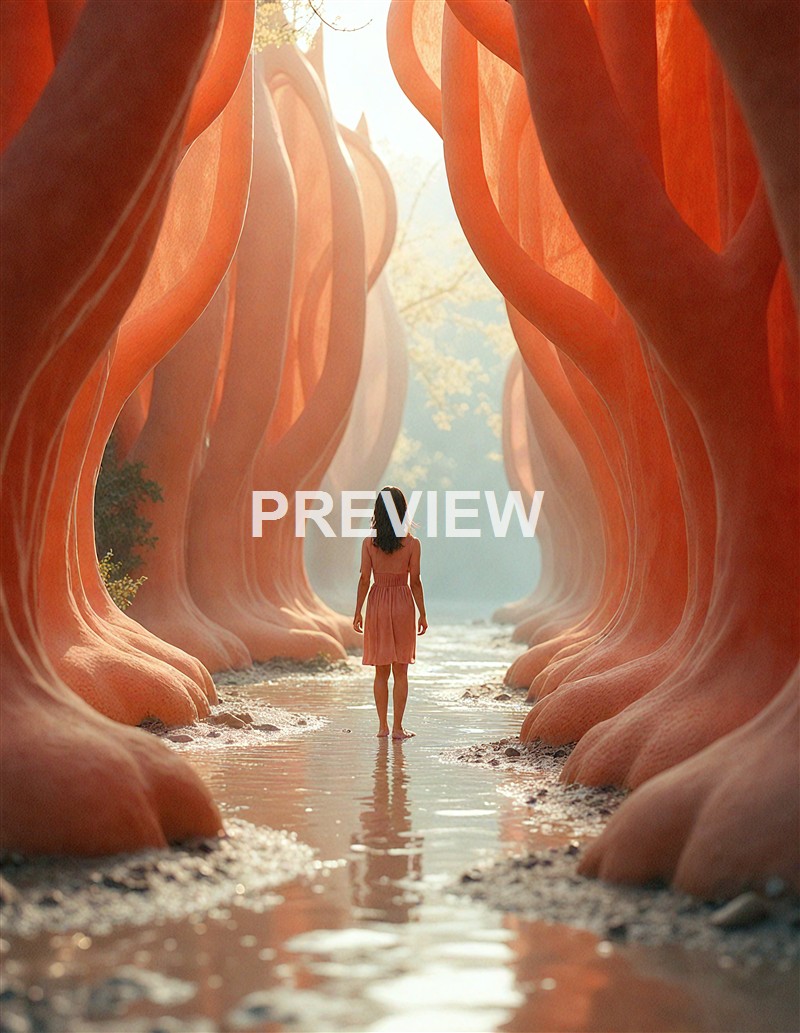 A woman in a pink dress walking barefoot through a shallow stream between tall, orange, abstract rock formations with sunlight filtering through.